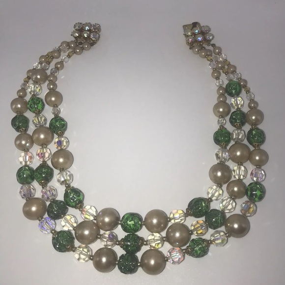 Lisner Vintage Necklace Clip Earring Set Costume  Aurora Borealis Crystal Pearl - Picture 10 of 10